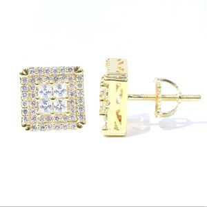 14K Gold Finish Pave Lab Diamond Square Earrings